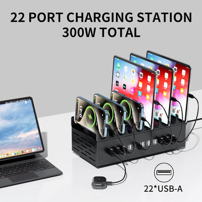 300W USB Charging Station, 22-Port Desktop Fast Charger Station for Multiple Devices, Organizer Charging Dock with Intelligent Protection for iPhone, iPad, Tablets and More