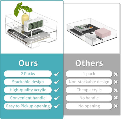 HIIMIEI Acrylic Paper Tray 2 Pack Clear Letter Tray Desk Stackable Organizer for School, Home, Office - Horizontal