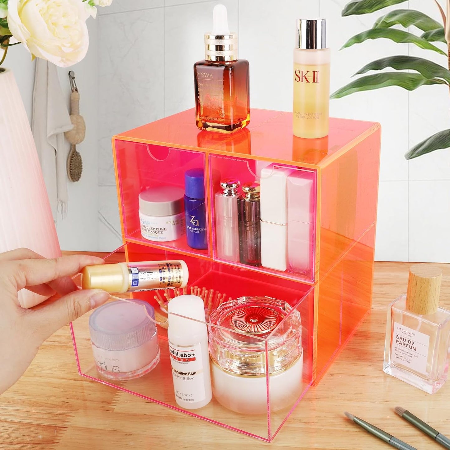 Gelite Desk Organizer with 3 Storage Drawers for Makeup Office Acrylic Desktop Drawer Organizer for Vanity Office Organization and Storage Box, Neon Pink