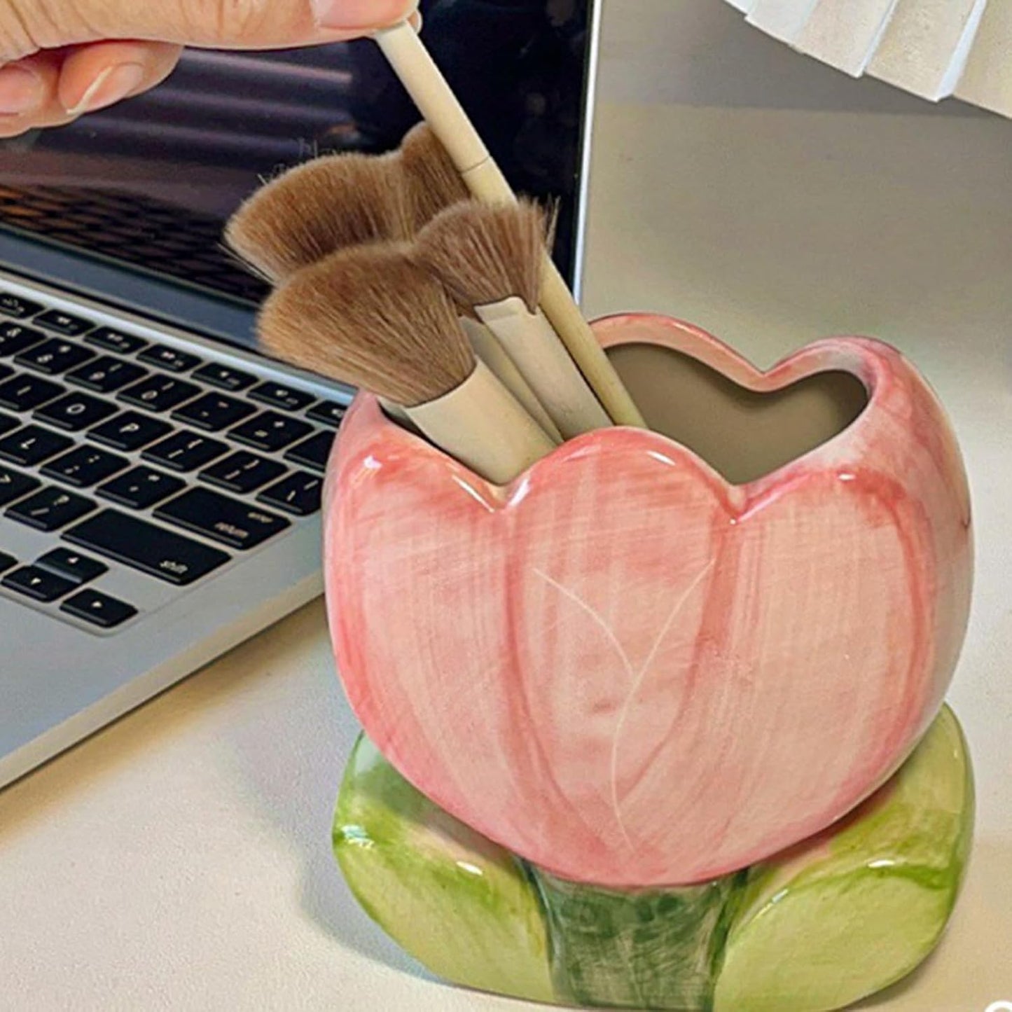 Pen Holder for Desk Cute Toothbrush Holder Tulips Vase Decor Aesthetic Pencil Holder for Office Makeup Brush Holder Yellow Kawaii Desk Accessories Home Decor Birthday Gifts for Women