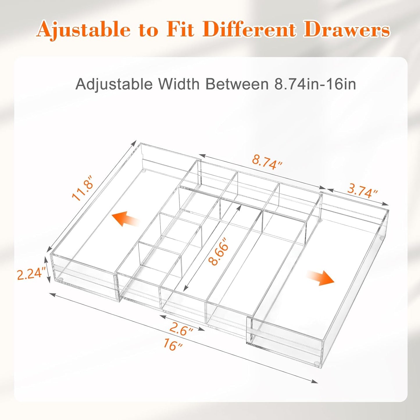 Briwooody 1 Pcs Acrylic Desk Drawer Organizer 9'' up to 16'' x 12'' x 2.2'' Expandable Drawer Organizer Trays with 10 Adjustable Compartments Clear Desk Accessories for Makeup Office Bathroom