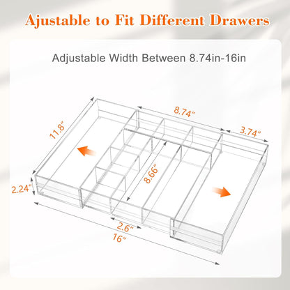 Briwooody 1 Pcs Acrylic Desk Drawer Organizer 9'' up to 16'' x 12'' x 2.2'' Expandable Drawer Organizer Trays with 10 Adjustable Compartments Clear Desk Accessories for Makeup Office Bathroom