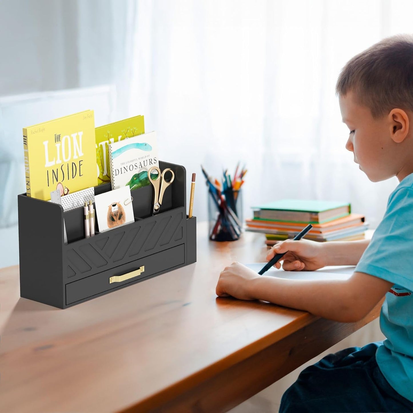 WISUCART Bamboo Desk Organizer Mail Holder Countertop Wood Desk Drawer Tabletop Storage Box Pen Holder Letter Sorter Makeup Organizer for School Home Office Supplies with Pen Holder White
