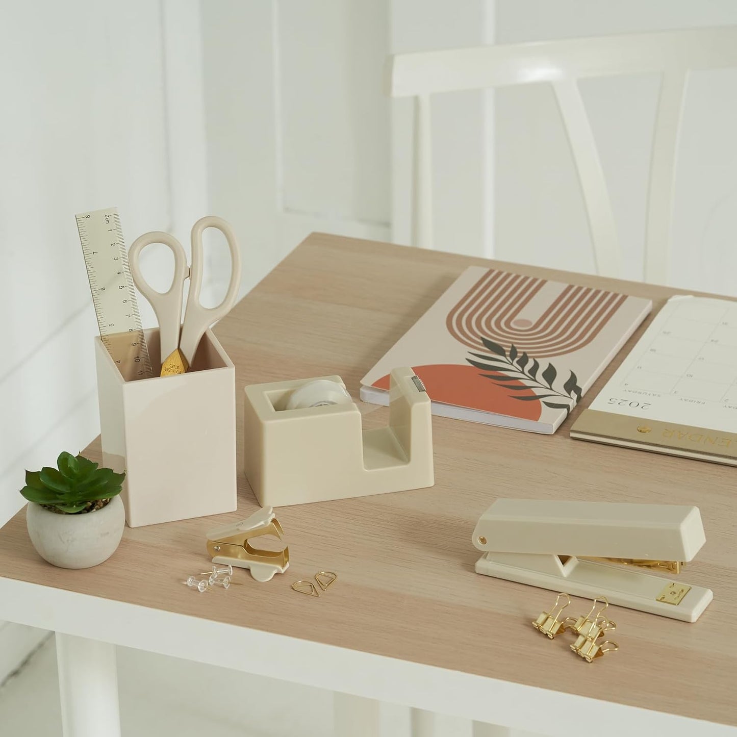 Aesthetic Desk Accessories Set - A Complete Desktop Organizer Set For Women Enhances Any Office Decor - An Office Supplies Kit w Gold Finish incl. Pen Holder, Scissors, Stapler, Tape Dispenser & More