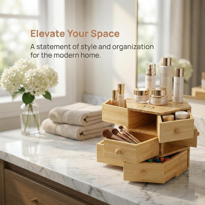 360° Rotatable Bamboo Desktop Organizer, Large Capacity Cosmetic & Jewelry Storage for Makeup Serum, Diamond, Easy Setup No Assembly (4-Tier 12-Drawers)