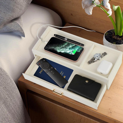 HofferRuffer Valet Jewelry Tray Organizer with Drawer, Faux Leather Storage Catchall Box Phone Charging Station Tray with Dresser Nightstand Desktop Drawer Organizer (Black)