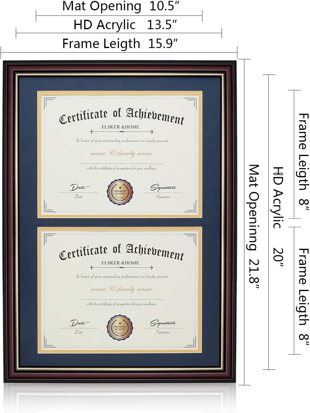 ELSKER&HOME Diploma Frame - Wide Solid Wood Frame - Black Velvet Golden Rim Mat - Semi-Tempered Glass - Includes Hanging Hardware and Desktop Easel(ONLY Display 11×14 Document/Certificate)