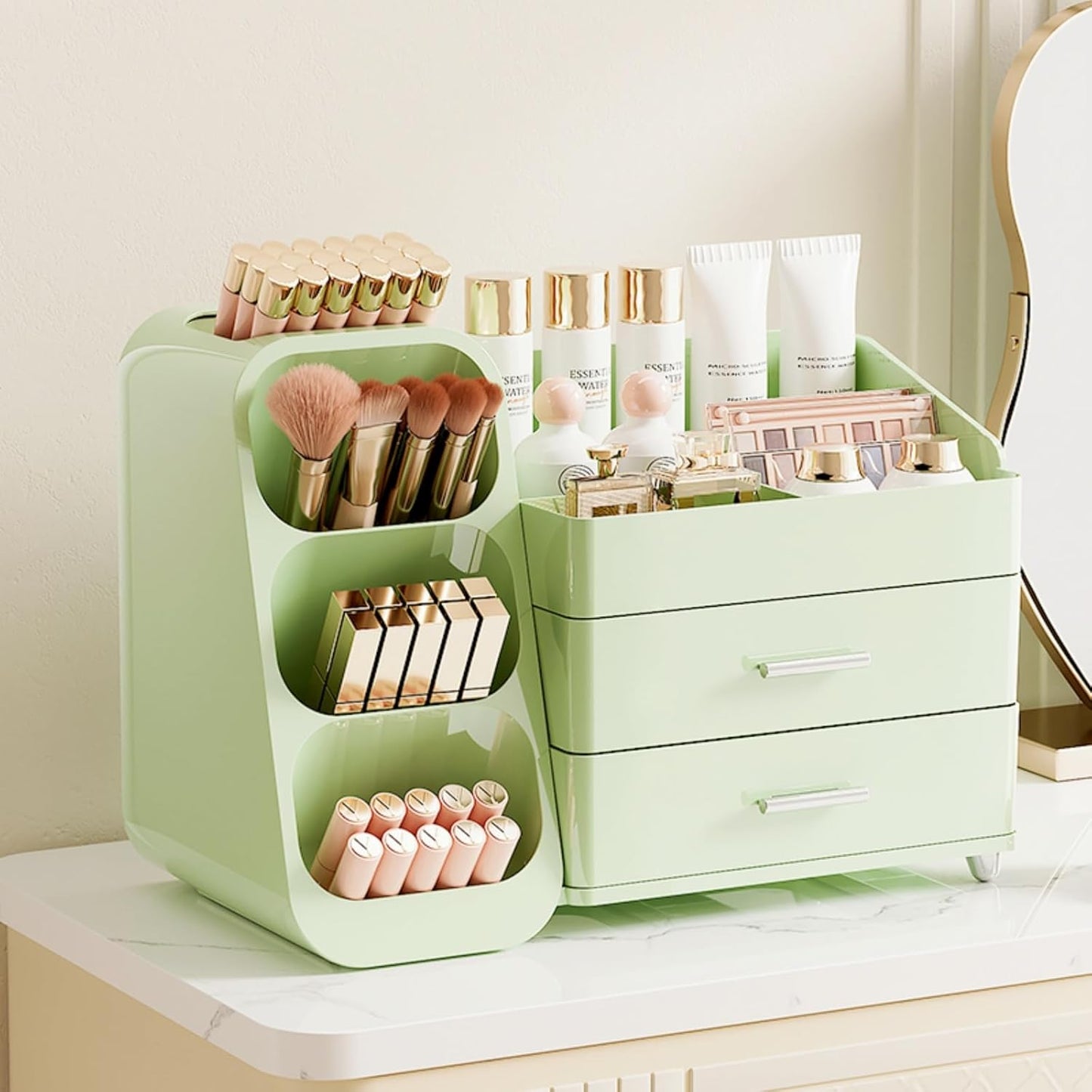 Booklov Makeup Organizer for Vanity, Countertop Cosmetic Display Case with Clear Acrylic Drawers, Bathroom Counter Beauty Caddy, Cute Table Storage Holder for Skincare, Brush Lipsticks, Crystal White