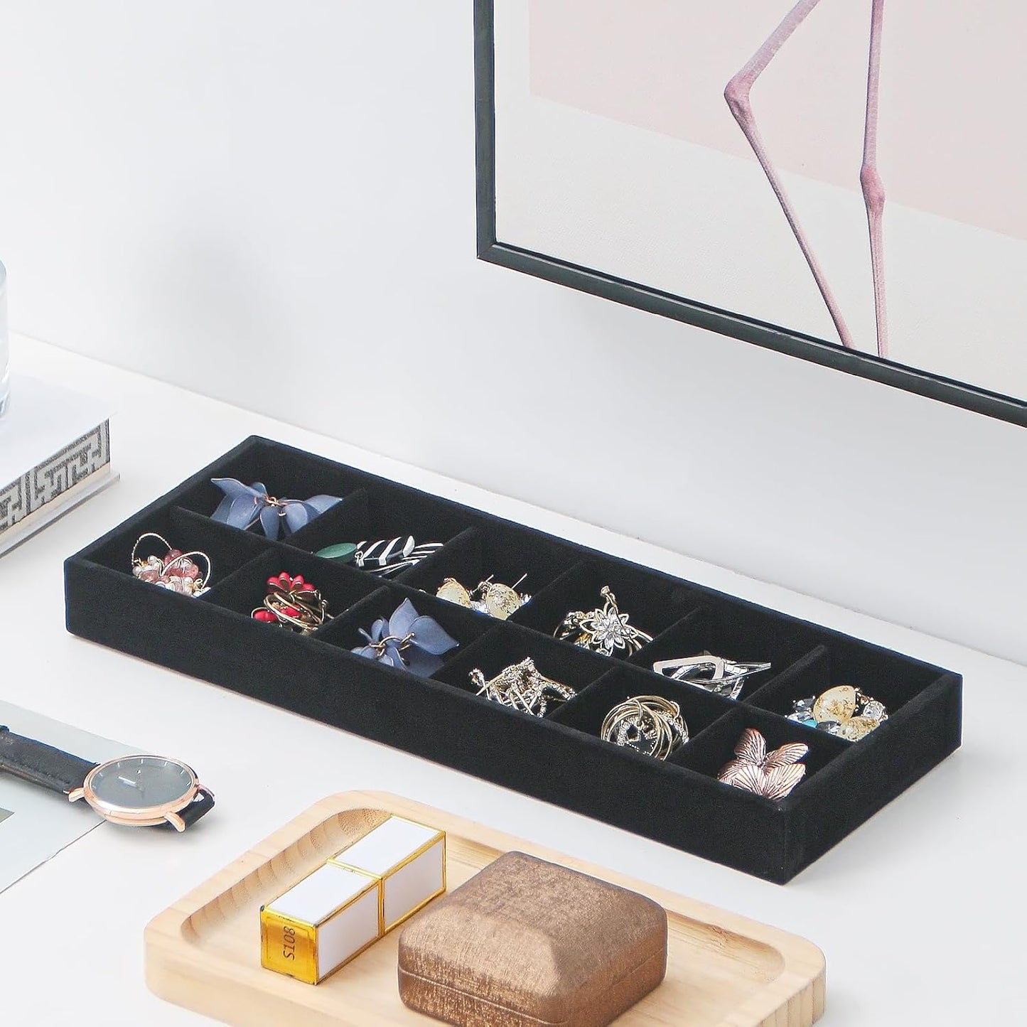 Divided Drawer Organizer Tray, Velvet Jewelry Storage Tray, Necklace Bracelet Ring Earring Display Tray,Bedside Nightstand Desk Holder Tray for Phone Watch Sunglasses Cosmetics Storage/Beige/1grid