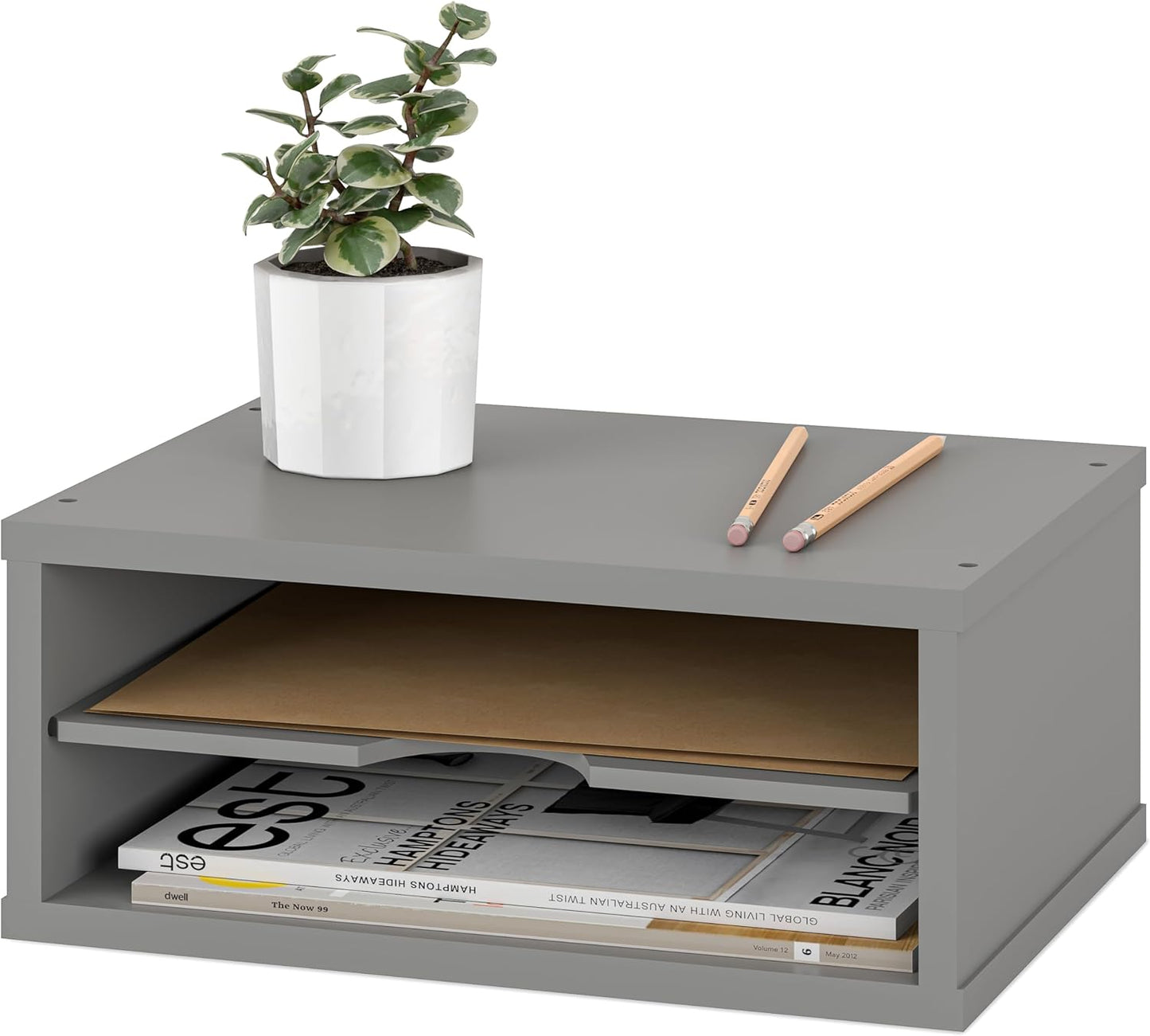 Ballucci File Organizer, 2-Tier Document Paper Sorter, Stackable Wood Desk Organizer Mail Holder, Monitor Stand with Storage Shelves, White