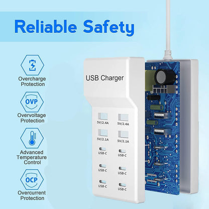 USB C Charger,10 Ports USB Charging Station with 6 Ports USB-C, Desktop 50W Multi Ports Charger Compatible with iPhone 12/13/14/15/16/Galaxy S22/S23/S24/S25/Tablet/Watch/Headphones