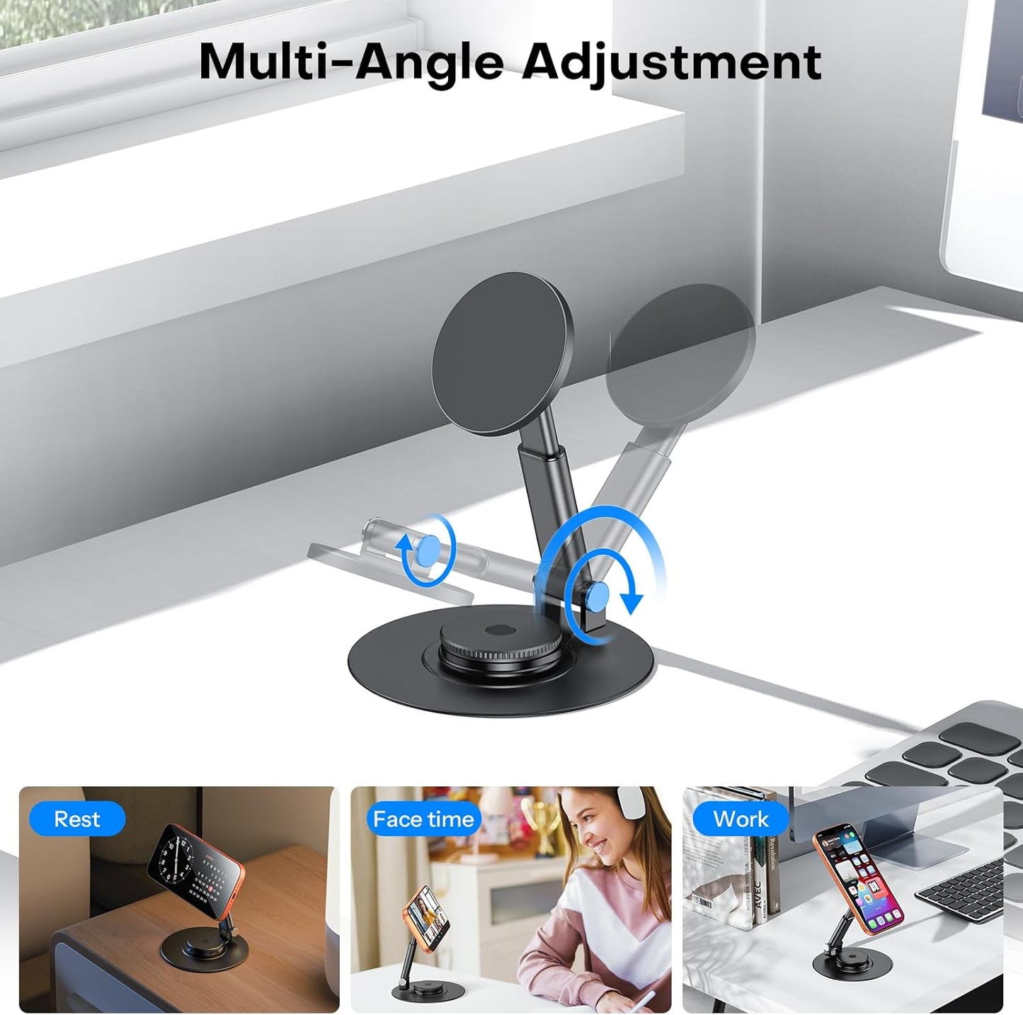 OMOTON MS05 360°Rotating Base Magnetic Phone Stand for MagSafe, [Height Adjustable] Foldable Cell Phone Stand for Desk, Office Desk Accessories for iPhone 17/16/15/14 Pro Max Air, Black