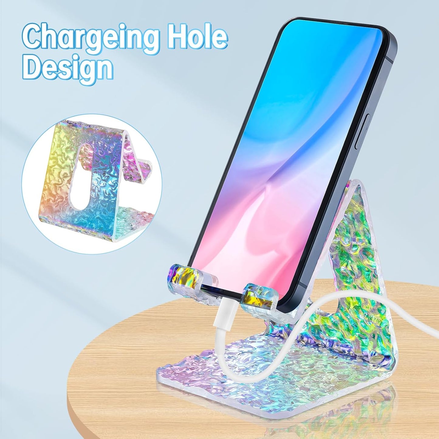 Tomorotec Iridescent Acrylic Cell Phone Stand, Portable Phone Holder for Desk Non-Slip Desktop Smartphones Holder Compatible with iPhone Samsung Galaxy Pixel Phone Cradle Dock Home Office