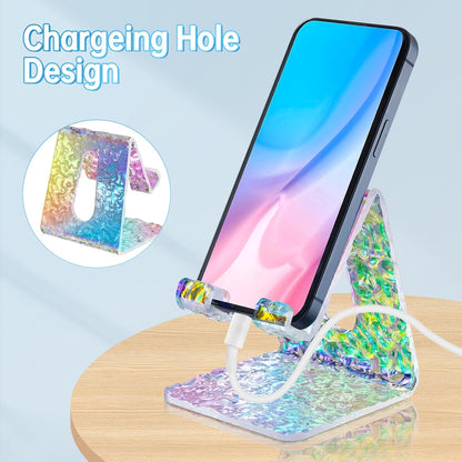 Tomorotec Iridescent Acrylic Cell Phone Stand, Portable Phone Holder for Desk Non-Slip Desktop Smartphones Holder Compatible with iPhone Samsung Galaxy Pixel Phone Cradle Dock Home Office