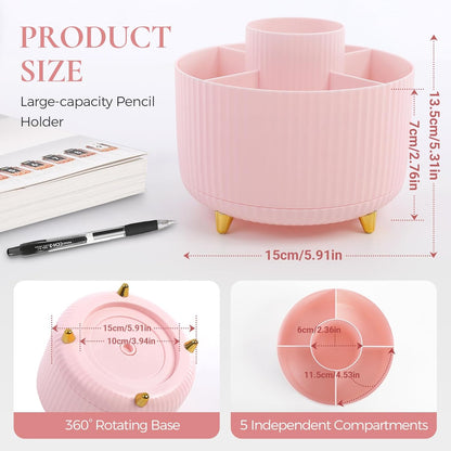 KONVINIT Pencil Pen Holder for Desk, 5 Slots 360 - Degree Rotating Desktop Organizer, Cute Desk Organizers and Accessories for School, Home, Office and Art Supply, Beige