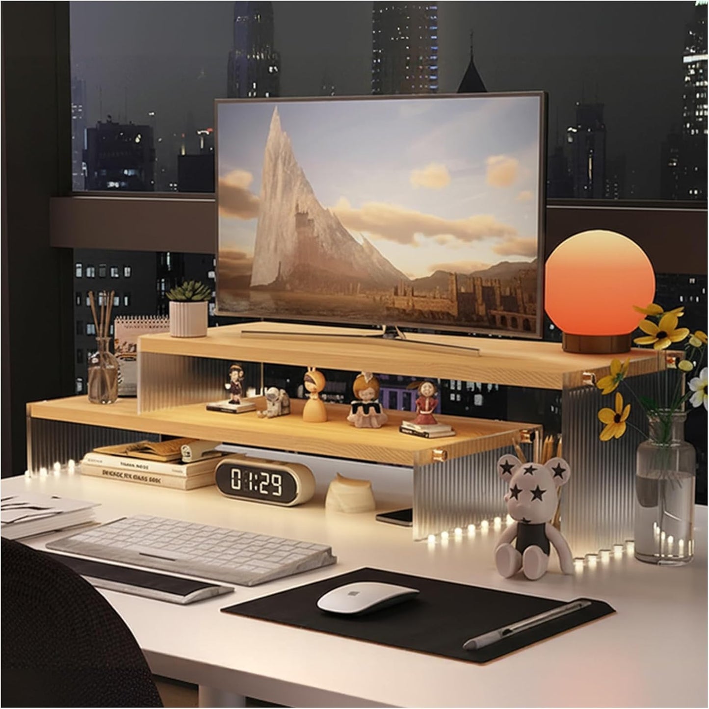 YGYQZ Adjustable Monitor Stand Riser with Acrylic Legs丨7.67" Wide Dual Monitor Stand for Desk丨2-Tier Wood Desktop Organizer for Computer, Laptop, Printer & PC丨Modern Aesthetic Desk Shelf(wood-flat)