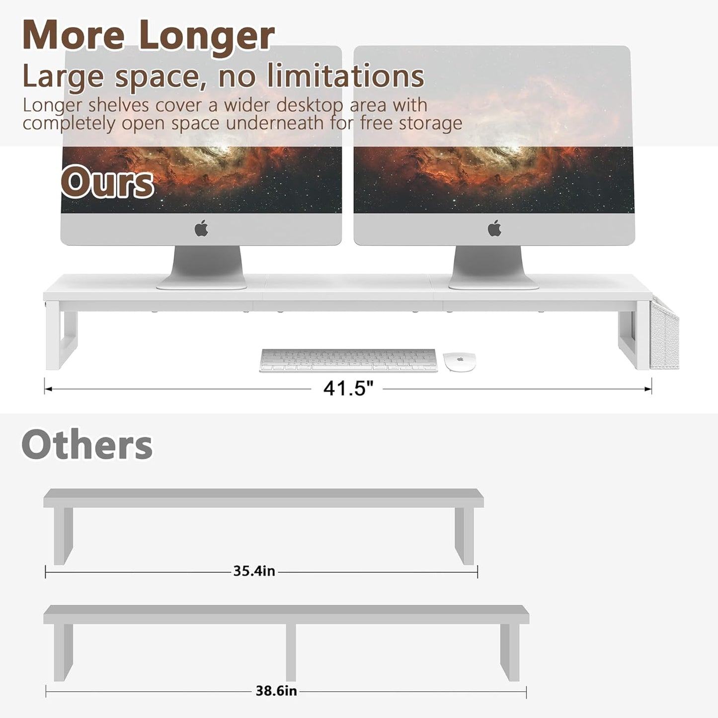 LAND·VOI Heavy Duty Dual Monitor Stand, Holds 2 Screens Up to 27 Inches, Adjustable Length and Angle Monitor Riser, Desk Organizer with Side Pockets and Drawers, Home Office Desk Storage, Rustic Brown