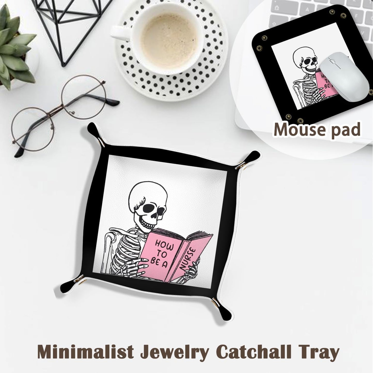 Inspirational Gifts for Women Jewelry Valet Tray, Motivational Positive Affirmations Gifts for Women, Blue Retro Nightstand Desk Accessories PU Leather Tray Organizer for Jewelry Rings Watches