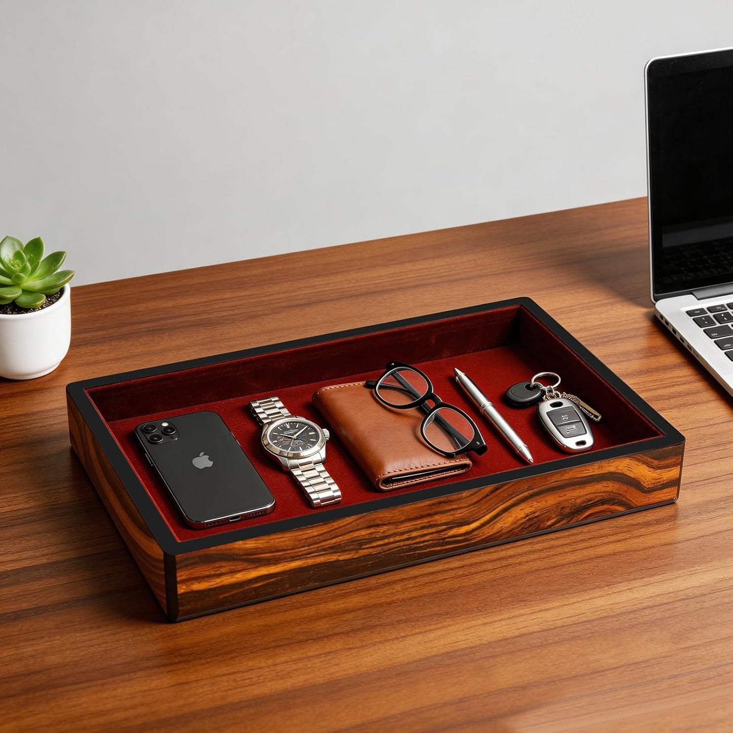 Wooden Valet Tray with Velvet Lining, EDC Desktop Catchall Organizer, Storage Tray for Jewelry, Wallets, Watches, Keys, Glasses, Perfect for Nightstand, Dresser, Entryway Bedside