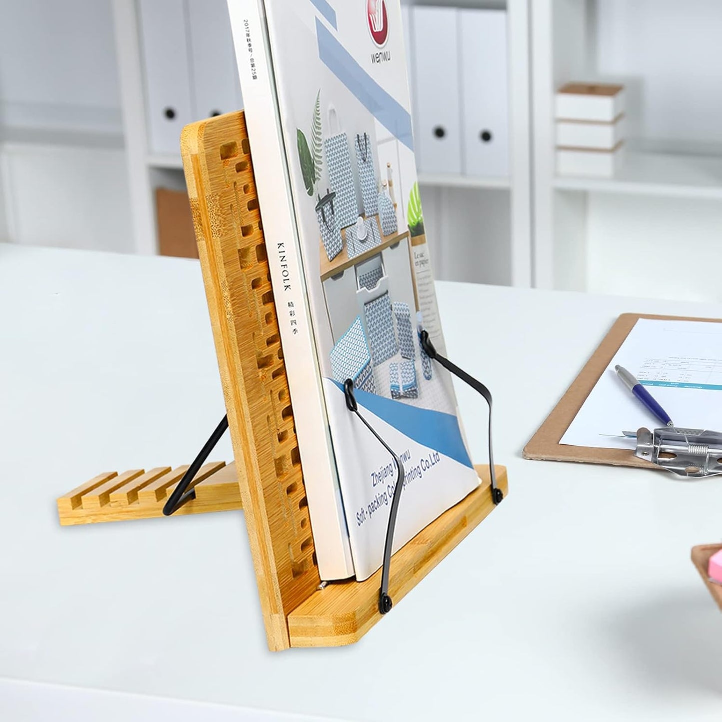 MEGREZ Bamboo Book Stand (13.2 x 9.4 inch) for Reading, Kitchen Cookbook Holder, Adjustable for Tablet/Textbook, Hollow Bookrest, Panda