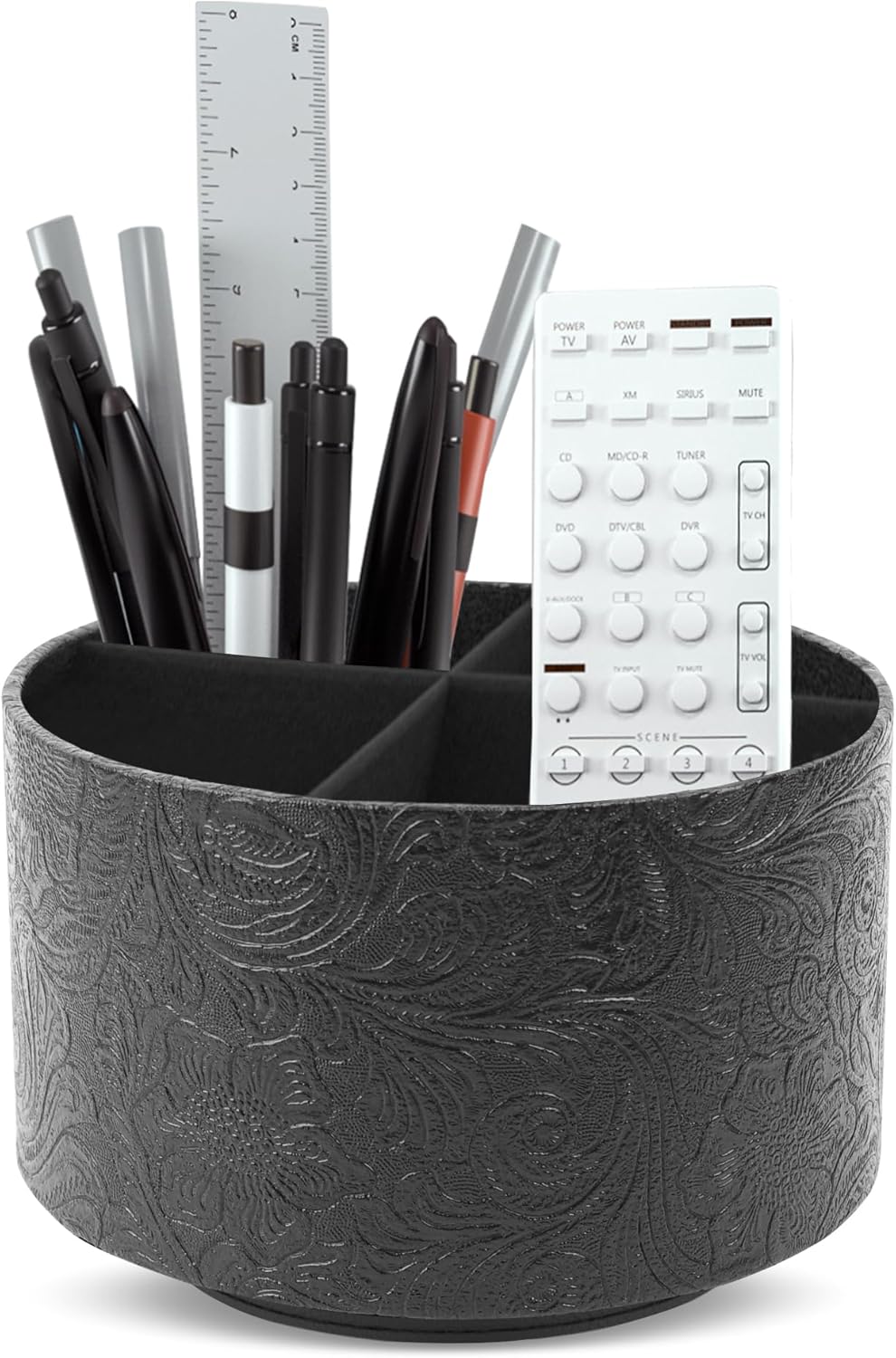 lizimandu Round Leather Art Supply Organizer,Remote Control Holder,360 Degree Spinning,Multi-Functional Pencil Holder,4 Compartments Desktop Stationary Organizer(1-Gold) - Colors A