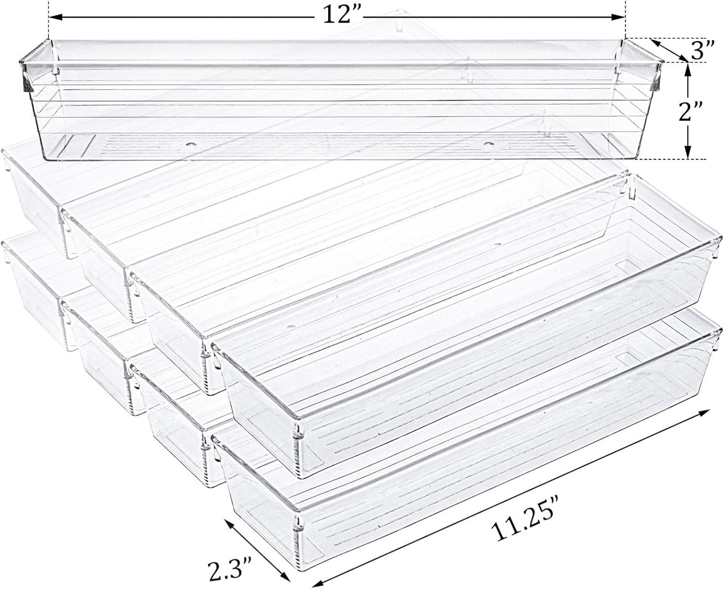Kingrol 10 Pack 12 x 3 x 2 Inch Clear Drawer Organizer Trays, Desk Drawer Divider Storage Bins, Storage Box Set for Kitchen Bathroom Office Supplies