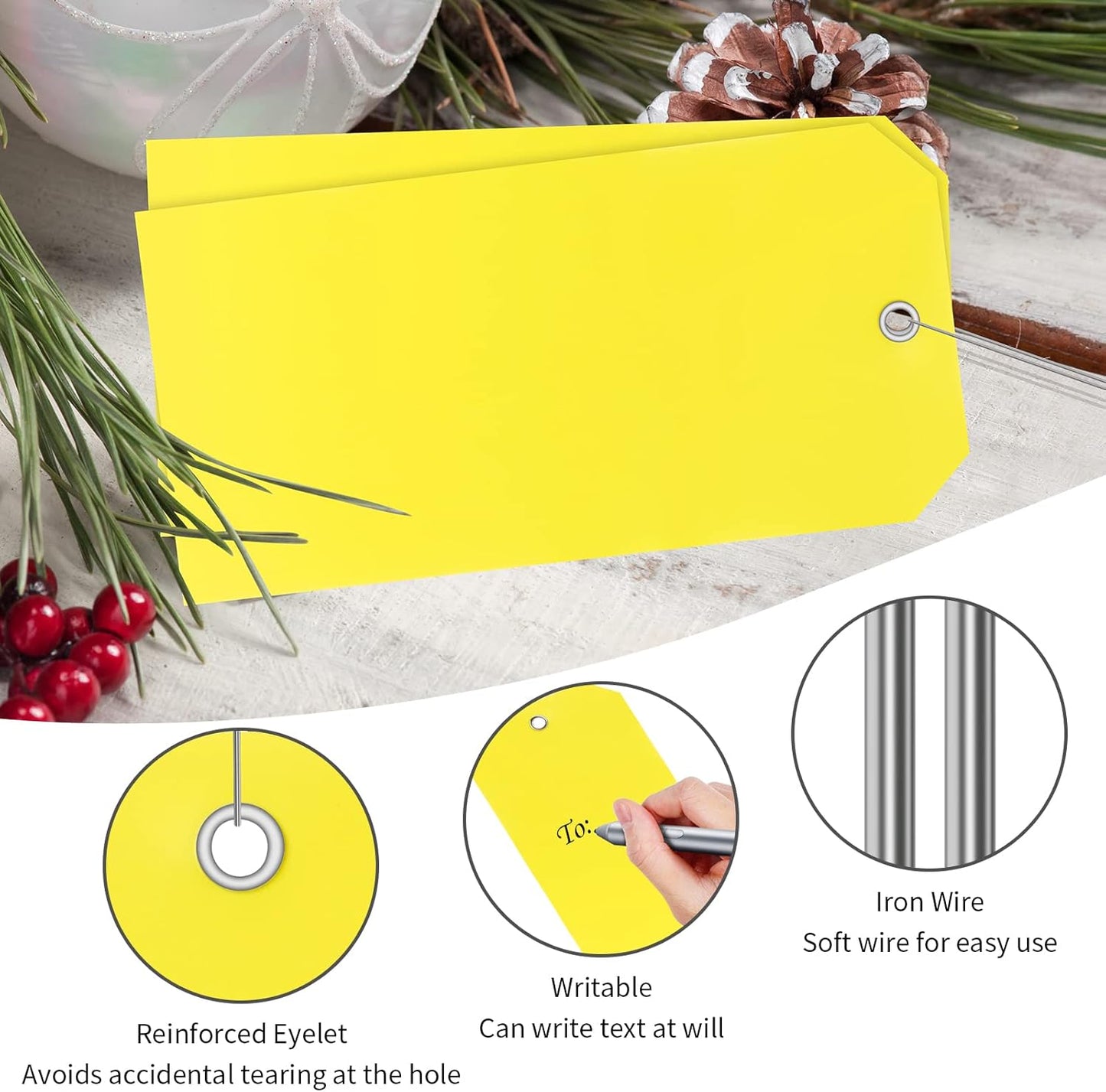 XUWAIDSGN 100 Yellow Plastic Shipping Tags with Wire, Pack of 100, 4 3/4" x 2 3/8", Durable, Waterproof, Blank, Writeable, Multi-Purpose Labels