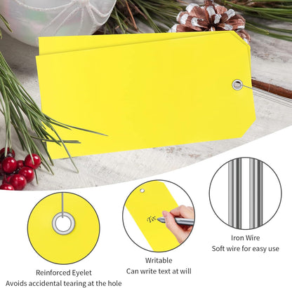 XUWAIDSGN 100 Yellow Plastic Shipping Tags with Wire, Pack of 100, 4 3/4" x 2 3/8", Durable, Waterproof, Blank, Writeable, Multi-Purpose Labels