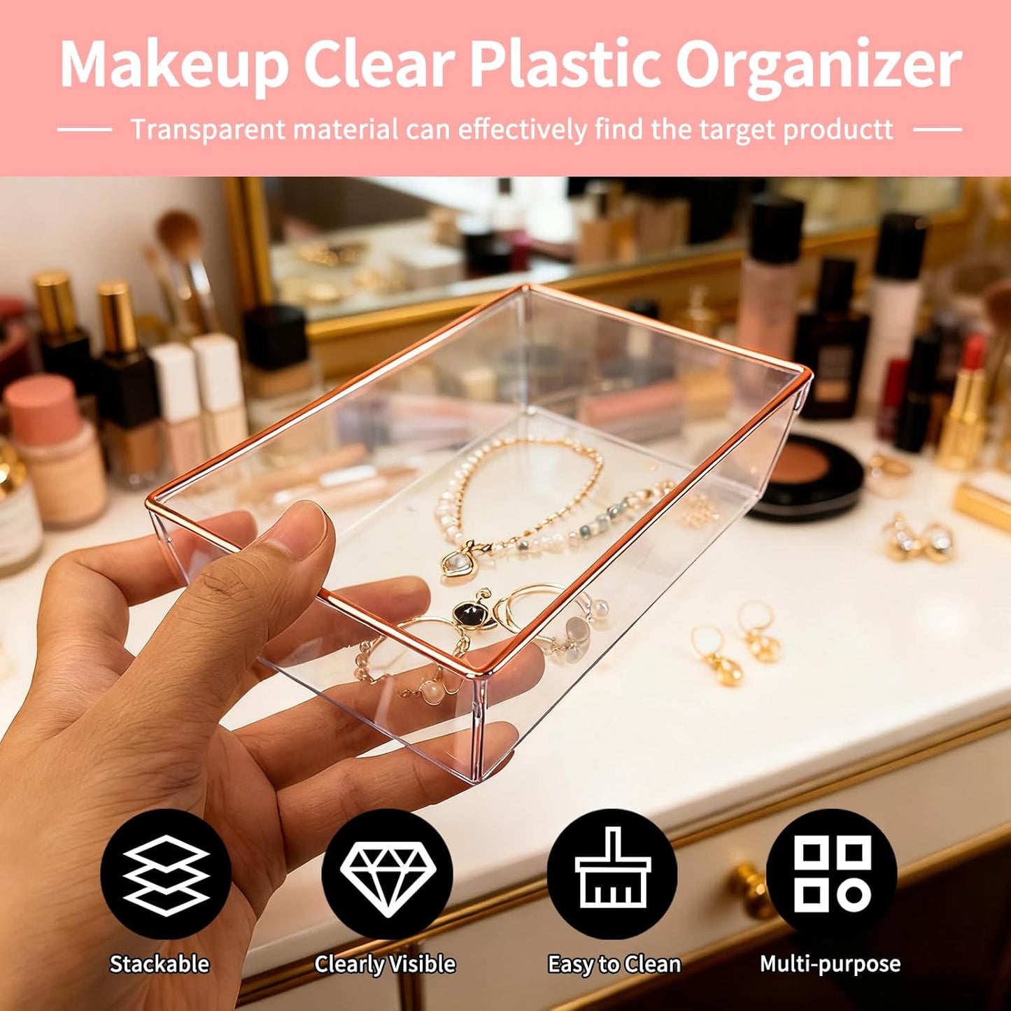 4 Pack Large Size Clear Stackable Drawer Organizer Trays, Gold Rim Makeup Drawer Storage Tray Divider, Desk Storage for Makeup, Jewelry, Bathroom, Stationary, Kitchen Utensils and Office Desk