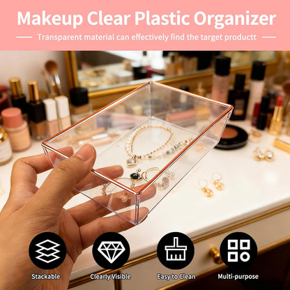 4 Pack Large Size Clear Stackable Drawer Organizer Trays, Gold Rim Makeup Drawer Storage Tray Divider, Desk Storage for Makeup, Jewelry, Bathroom, Stationary, Kitchen Utensils and Office Desk
