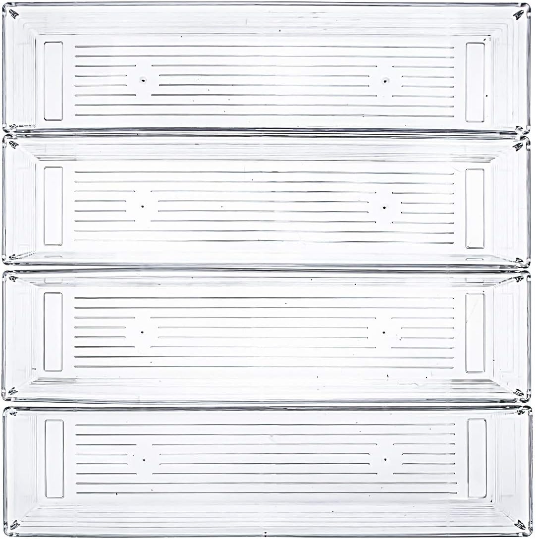 Kingrol 10 Pack 12 x 3 x 2 Inch Clear Drawer Organizer Trays, Desk Drawer Divider Storage Bins, Storage Box Set for Kitchen Bathroom Office Supplies