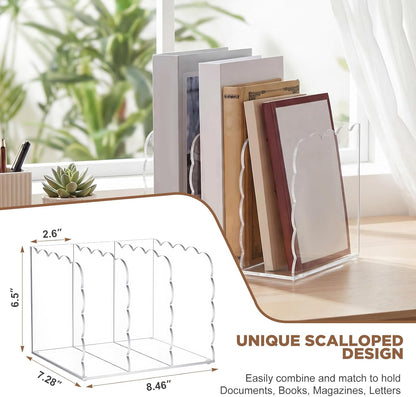 Suzile Scalloped Acrylic Magazine File Holder, 3-Compartment 4mm Thick, Clear Desk Organizer Vertical Bookends Organization for Office, Binders, Documents, Tablets, Magazines, Books