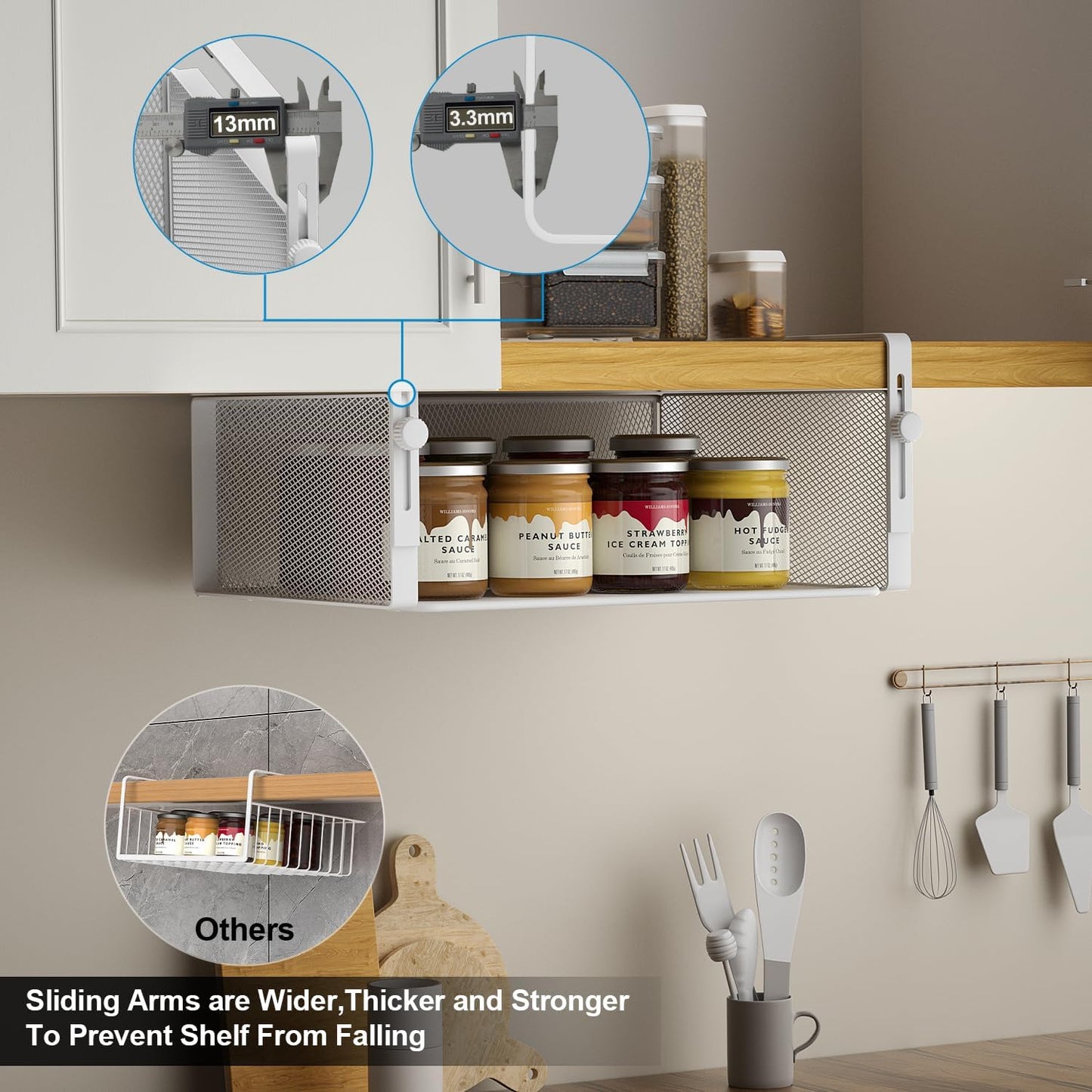 AmonHouseware 2Pack Under Shelf Basket Organizer,Adjustable Hanging Holder for Cabinet Pantry Kitchen Cupboard Desk Counter Bookshelf Organization Add-on Space Saver Heavy Duty Slide-in (Black, Large)