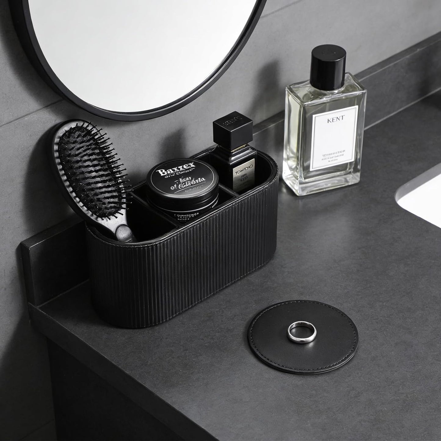 3 Compartments PU Leather Remote Control Holder, Multifunctional Desk Organizer for TV Remotes, Pens, and Accessories, Bedside and Tabletop Storage, Black