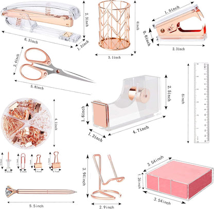 Office Desk Accessories, Acrylic Stapler, Staple Remover, Tape Holder, Pen Holder, Ballpoint Pen, Scissor, Binder Clips, 1000pcs Staples, Phone Holder, Ruler, Transparent Glue and 300 Notes