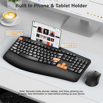Wireless Keyboard and Mouse Combo, 2.4G Full Size Wave Keys Ergonomic Keyboard with Wrist Rest, Phone Holder, 3-Level DPI Wireless Silent Mouse with 6-Buttons, for Windows, Mac OS, Laptop, PC (Black)