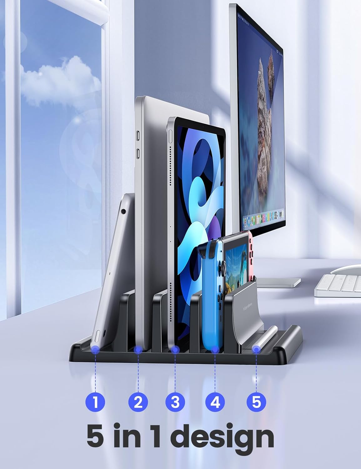 Vaydeer 3-Slot Vertical Laptop Stand Organizer, Laptop Storage Holder Made of Premium ABS Plastics 5 in 1 Design,Desktop Space-Saving Adjustable Desk Organizer for All MacBook/Chromebook/Surface