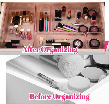 25pcs Pink Plastic Drawer Organizer Set, Clear Stackable Drawer Organizer,Kitchen Drawers Dividers for Bathroom, Office, Kitchen Cabinets and Dressing Tables