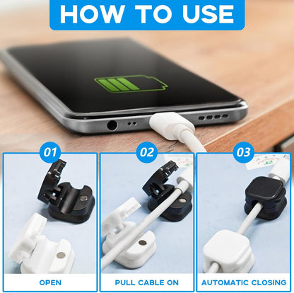 Magnetic Cord Organizer, 12 Pack (6 Black + 6 White), Strong Adhesive Cable Management Clips for Desk, Nightstand, Office & Car