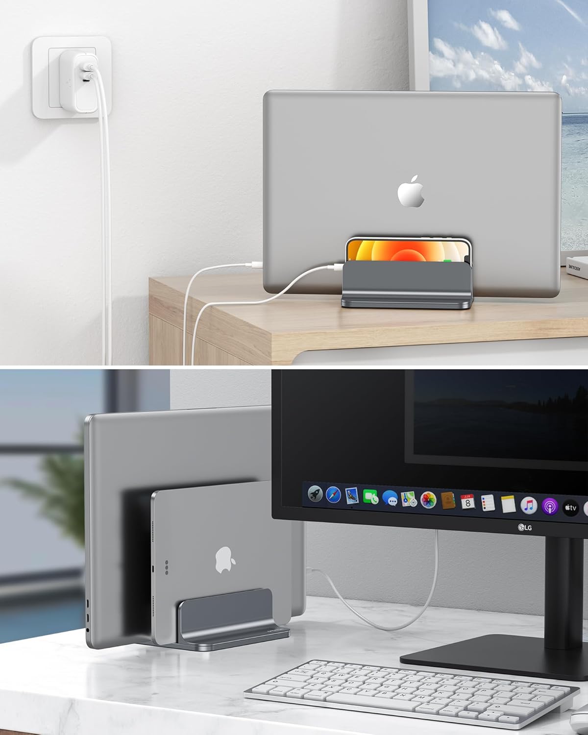 OMOTON Vertical Laptop Stand [Updated 3-Slots Version], Desktop Aluminum Mac Book Stand with Adjustable Dock Size, Fits All Mac Book, Chrome Book and Gaming Laptops (Up to 17.3 inch), Starlight