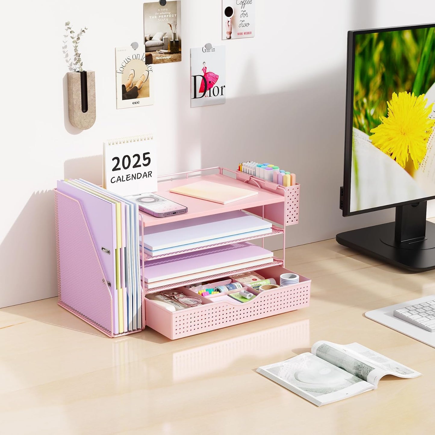 gianotter Wood Desk Organizers and Accessories with File Holder, 4-Tier Desk Accessories & Workspace Organizers with Drawer and Pen Holder, Desk Reference Organizer (Wood)