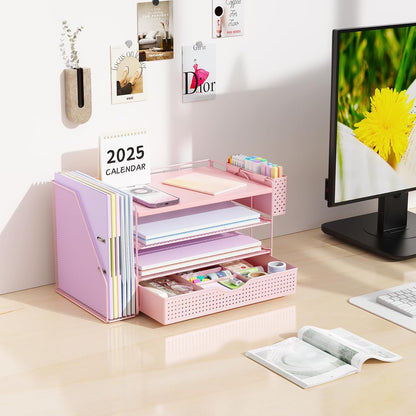 gianotter Wood Desk Organizers and Accessories with File Holder, 4-Tier Desk Accessories & Workspace Organizers with Drawer and Pen Holder, Desk Reference Organizer (Wood)