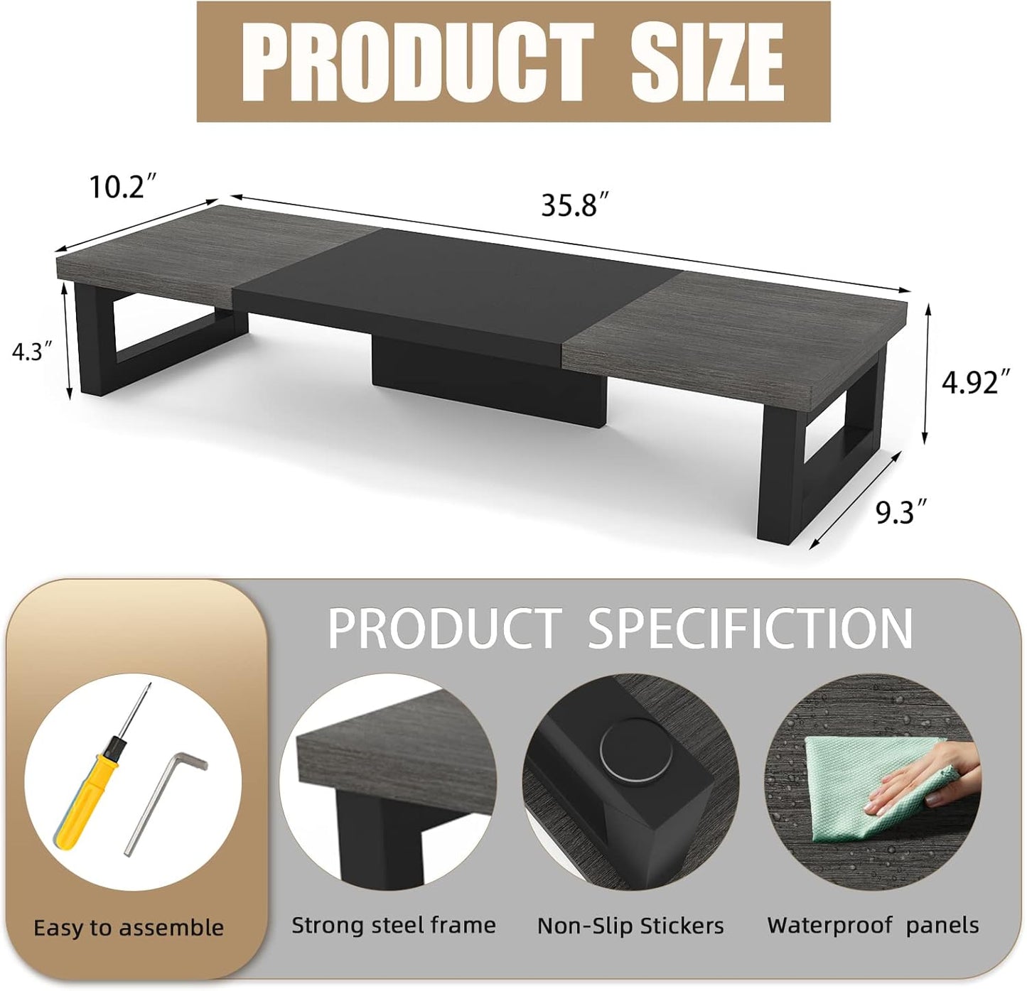 WESTREE Dual Monitor Stand Riser, Wood and Steel Multi-Purpose Desktop Storage Stand for 2 Monitors for Computer, Laptop, Printer, TV, Rustic Brown