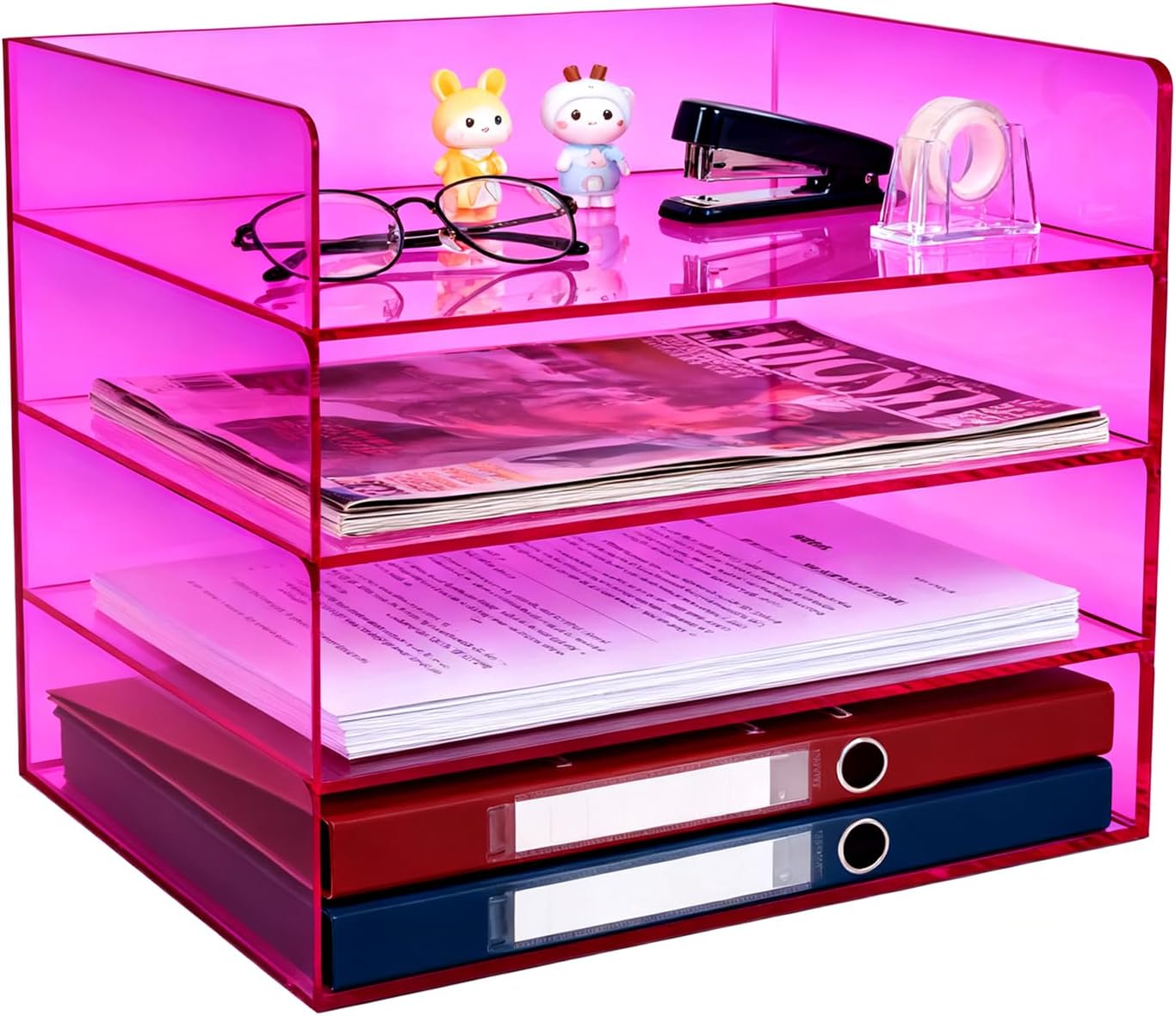 Gelite Acrylic File Organizer for Desk 4 Tiered Stackable Letter Tray Office Paper Storage Desktop Document Sorter, Neon Pink
