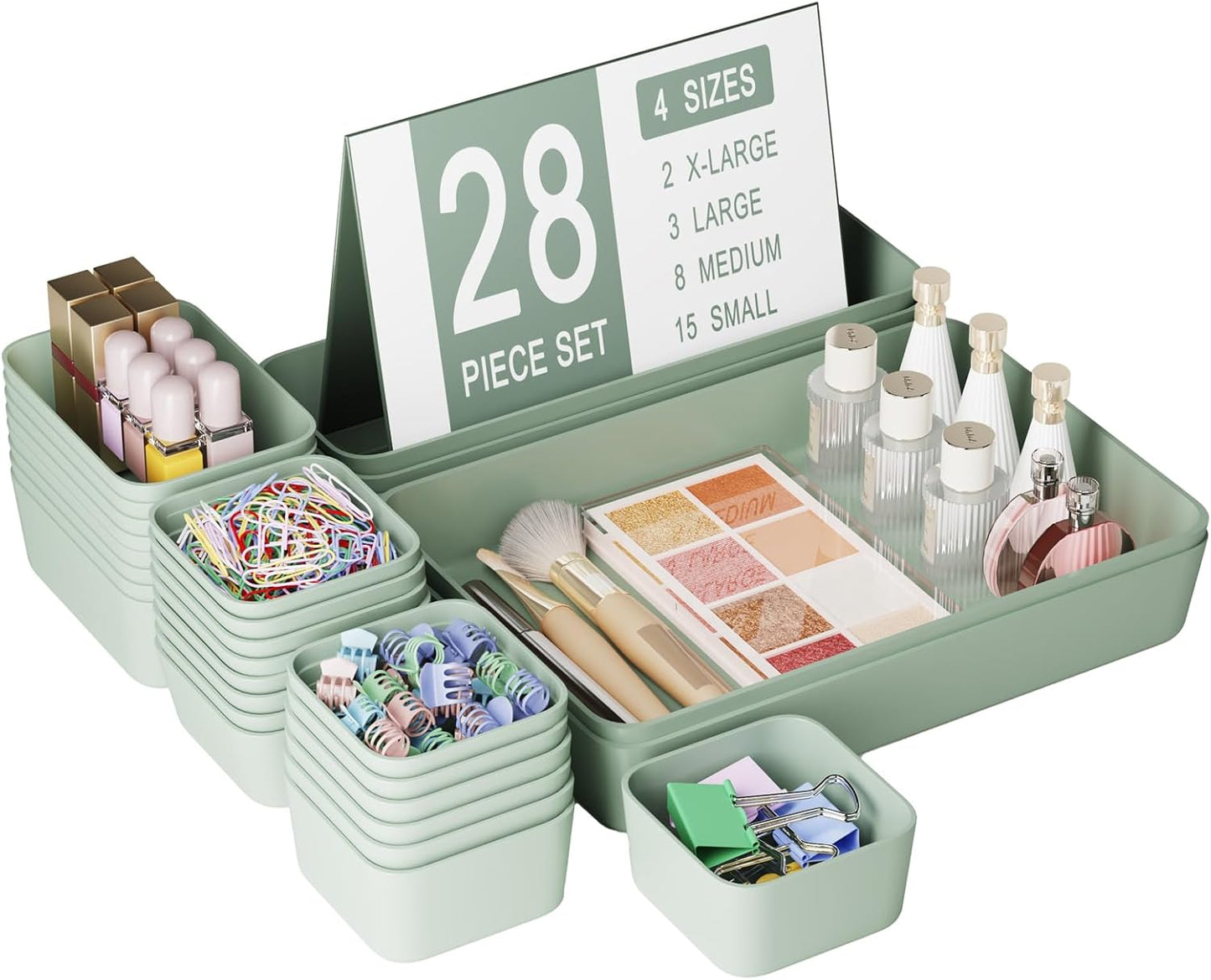 Plastic Drawer Organizers, 10 PCS Drawer Organizer Bins, Bathroom and Vanity Organizer Plastic Tray, Makeup organizer and storage for Makeup, Bedroom, Kitchen Gadgets Utensils and Office (Green)