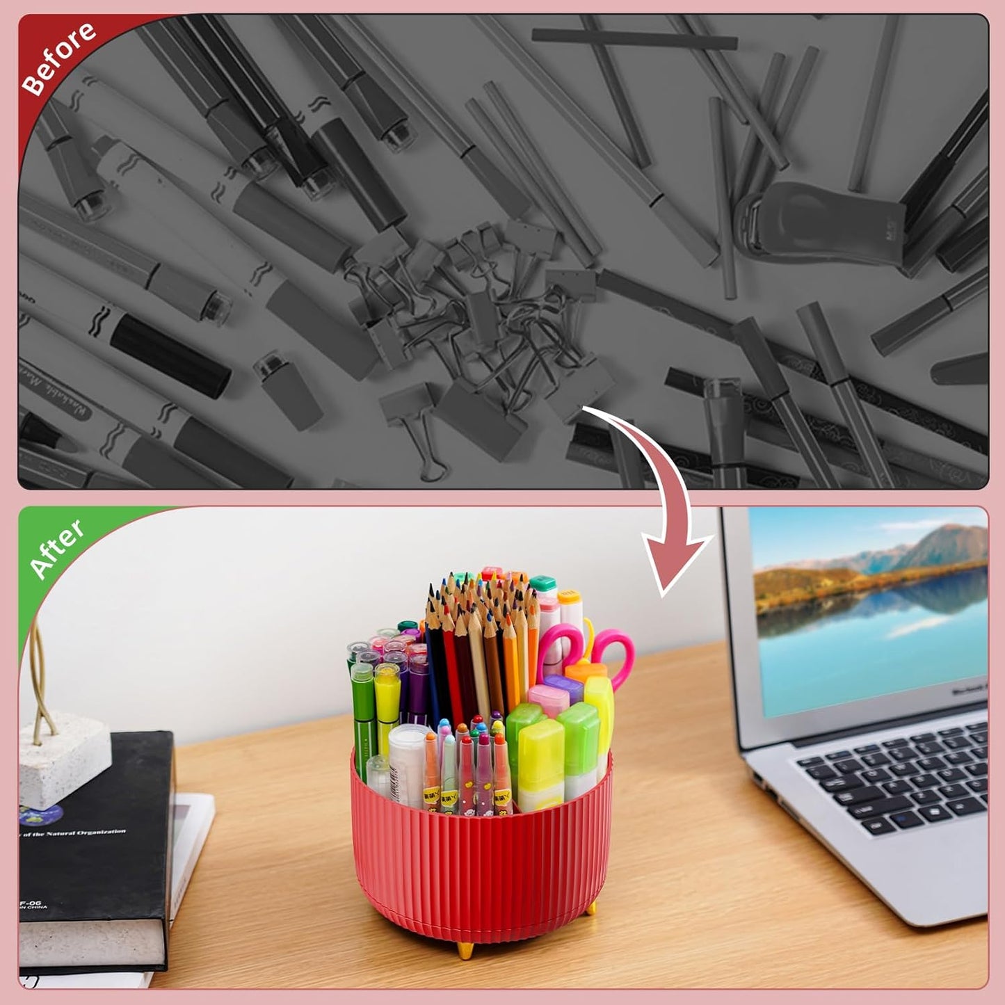 Marbrasse Desk Organizer, 360-Degree Rotating Pen Holder, Desk Organizers and Accessories with 5 Compartments Pencil Holder, Art Supply Storage Box Caddy for Office, Home（White）