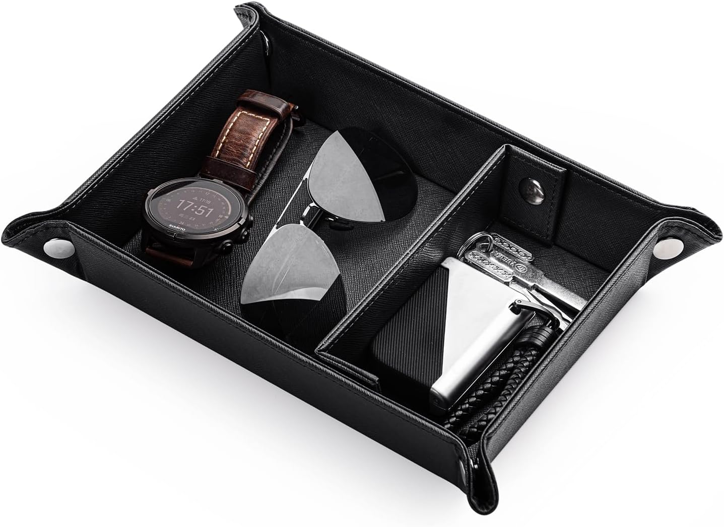BONNY DODO Valet Tray for Men PU Leather Tray Organizer with Partition, Storage Keys, Watch & Practical Storage for Table Nightstand Living Room Bedroom (Dark Brown-Square)