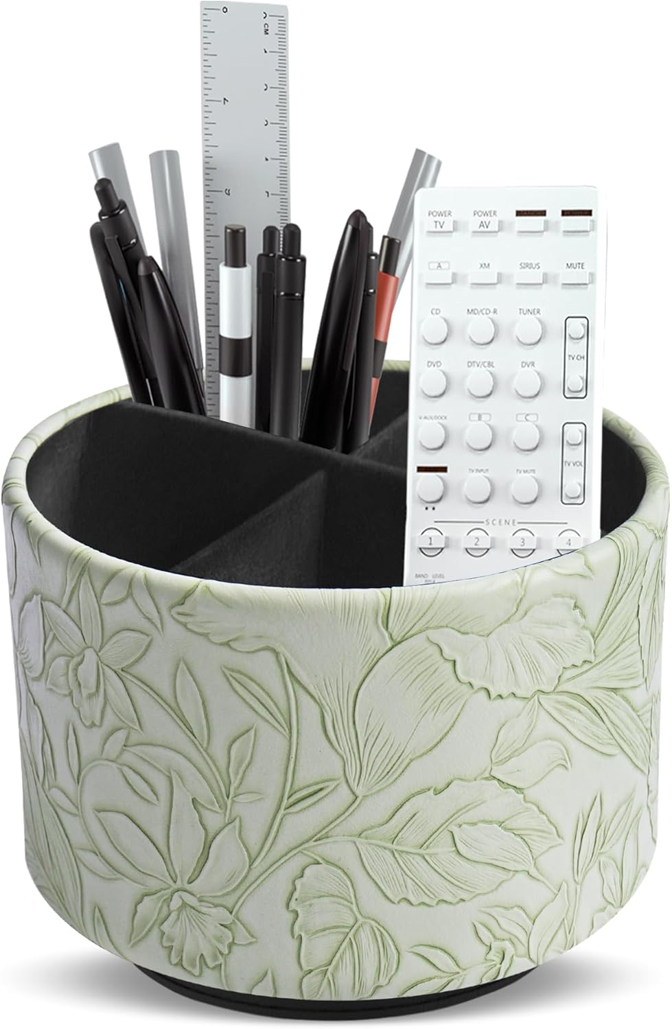 Hennaja Round Leather Art Supply Organizer,Remote Control Holder,360 Degree Rotating,Multi-Functional Pencil Holder,4 Compartments Desktop Stationary Organizer(1-Blue Bird) - Colors C