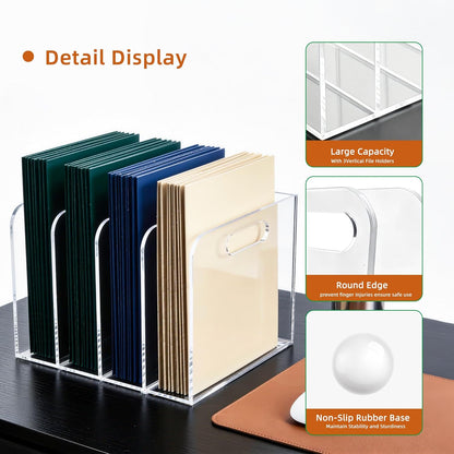 Acrylic Magazine File Holder, 4 Vertical Compartments Desk Document Sorter Organizer, Clear Folder Rack Binder for Office, Documents, Tablets, Magazines, Books – Home/Classroom Rack