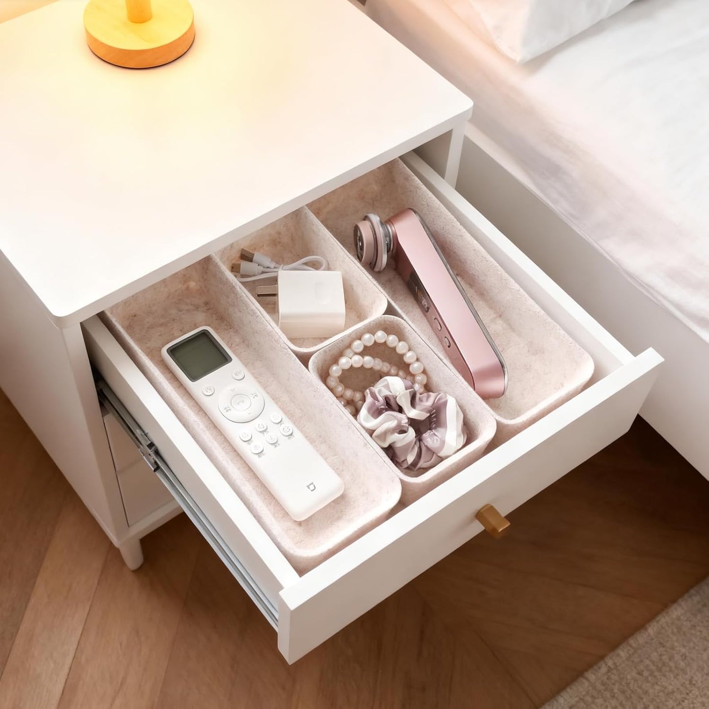 16-Piece Felt Drawer Organizer Set in 4-Sizes, Made from Eco-Friendly Material for Vanity, Makeup, Desk, Office, Kitchen, and Nightstand, Oatmeal